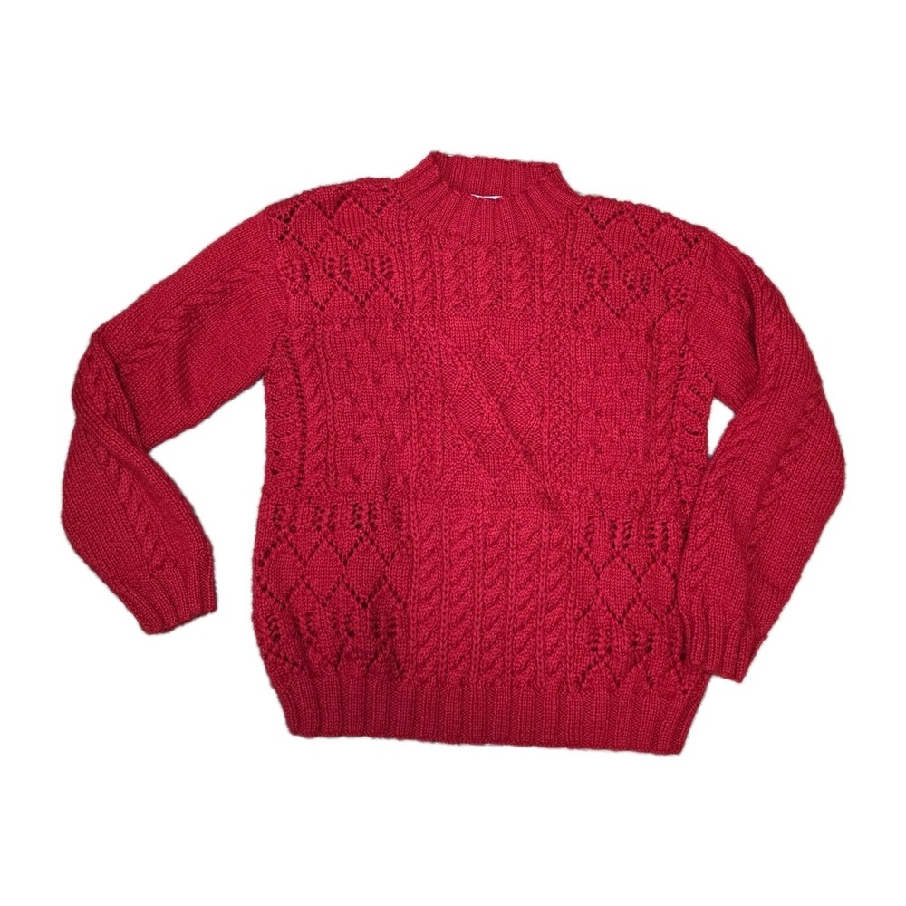 Vintage Red Cable Knit Mock Neck Sweater‎ PM Wool Blend